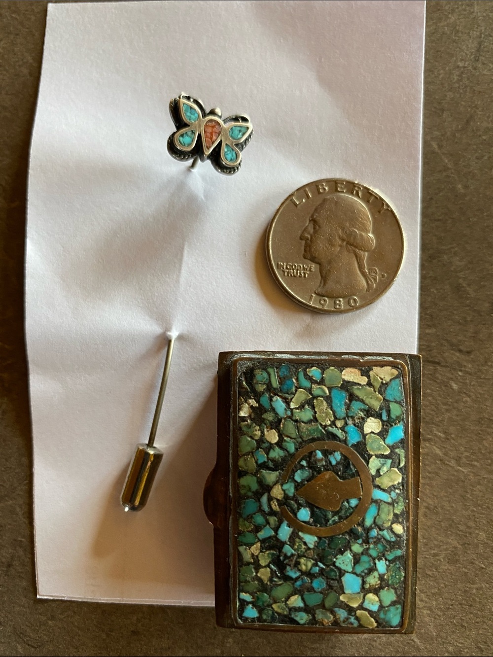 Turquoise Mosaic Butterfly Pin and Locket Set - Women Jewelry